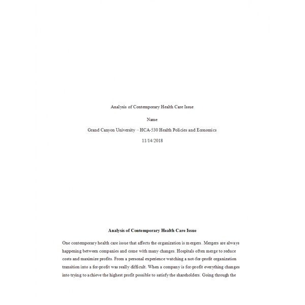HCA 530 Topic 1 Assignment, Analysis of Contemporary Health Care Issue (Mergers)
