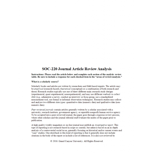 SOC 220 Week 1 Journal Article Review Analysis Worksheet