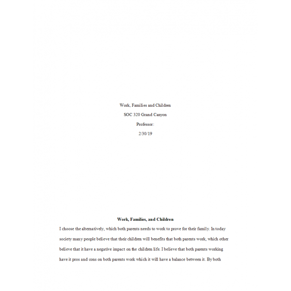 SOC 320 Topic 5 Assignment, Work, Families, and Children SOC 320 Topic 5 Assignment, Work, Families, and Children