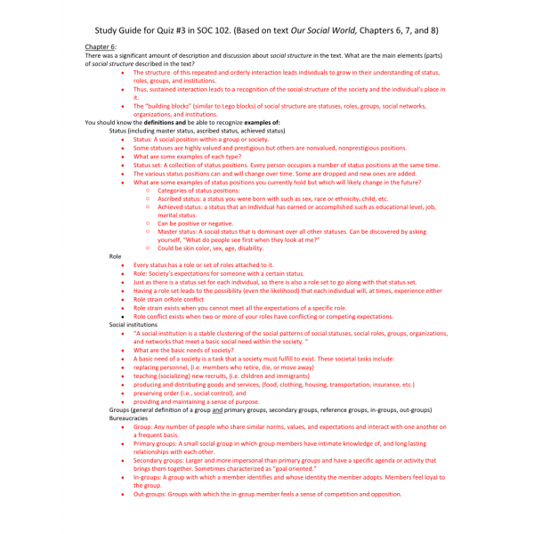 SOC 102 Quiz 3 Study Guide SOC 102 Quiz 3 Study Guide