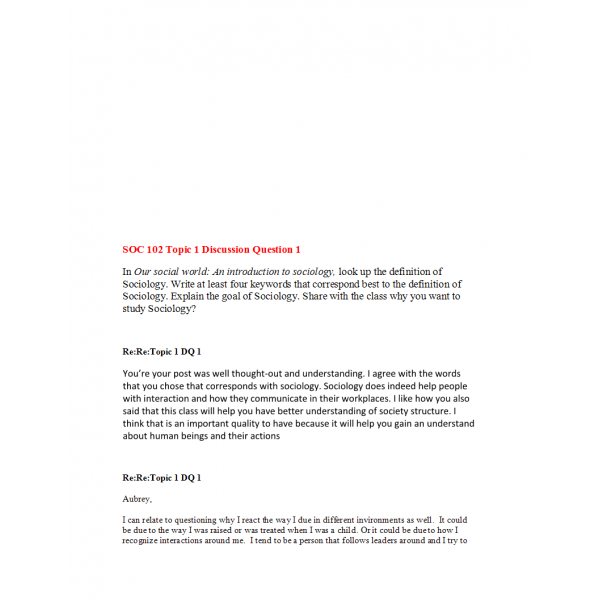 SOC 102 Topic 1 Discussion 1 SOC 102 Topic 1 Discussion 1