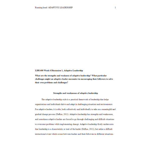 LDR 600 Week 6 Discussion 1, Adaptive Leadership 