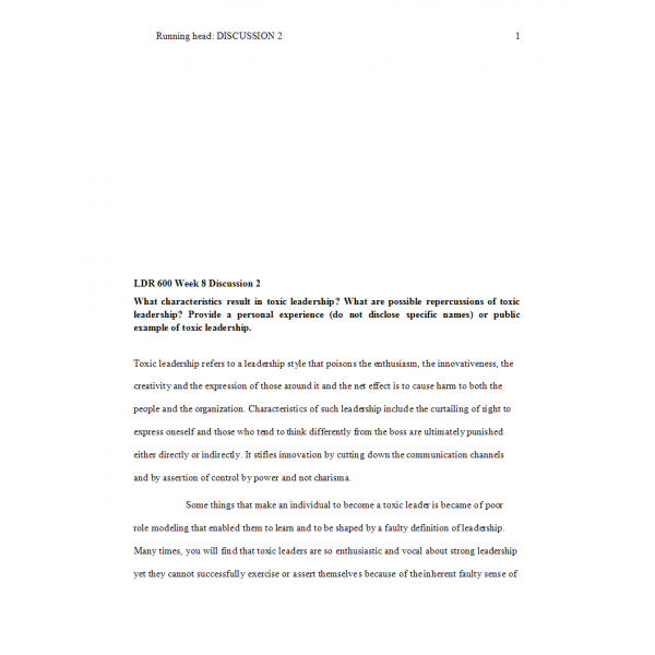 LDR 600 Week 8 Discussion 2, Toxic Leadership