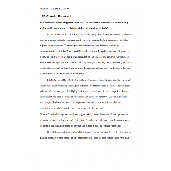 LDR 620 Week 1 Discussion 1, Leader or Manager