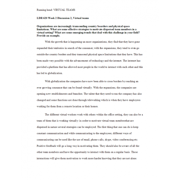 LDR 620 Week 2 Discussion 2, Virtual Teams