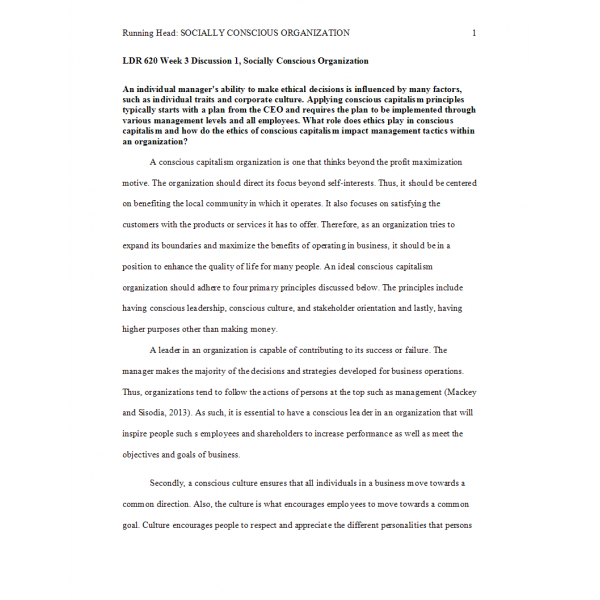 LDR 620 Week 3 Discussion 1, Socially Conscious Organization LDR 620 Week 3 Discussion 1, Socially Conscious Organization