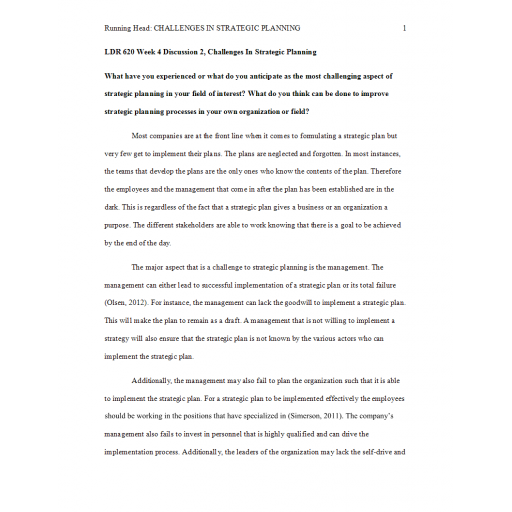 LDR 620 Week 4 Discussion 2, Challenges in Strategic Planning