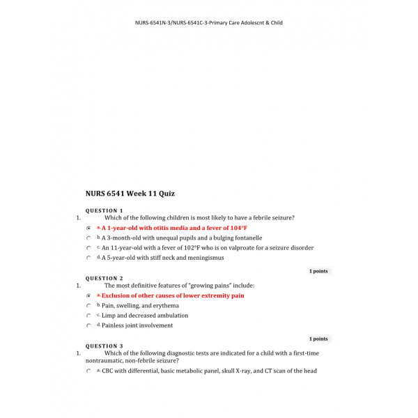 NURS 6541 Week 11 Quiz- Pediatrics