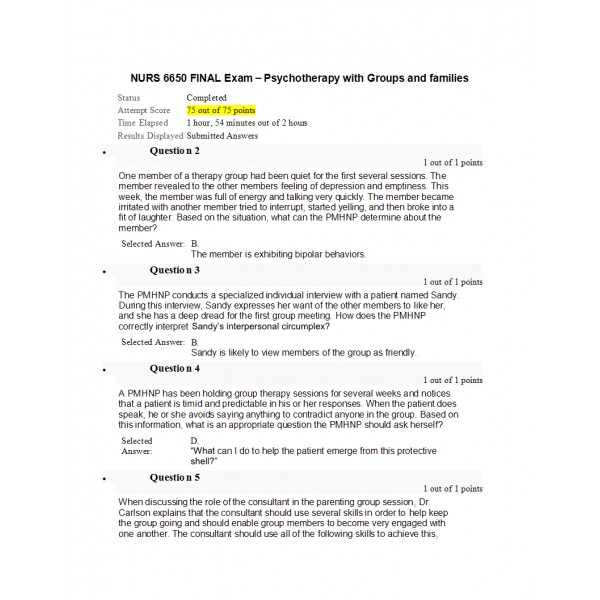 NURS 6650 Final Exam 1 - Question and Answers (75/75 Points)