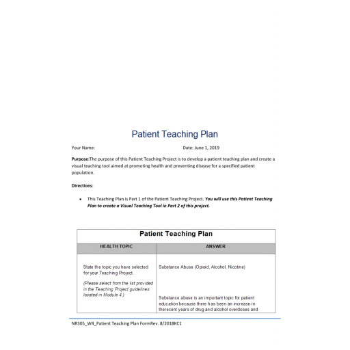 NR 305 Week 4 Assignment 1, Patient Teaching Plan (Substance Abuse)