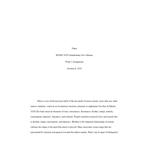 HUMN 303 Week 5 Assignment, Art Creation and Reflection - Music