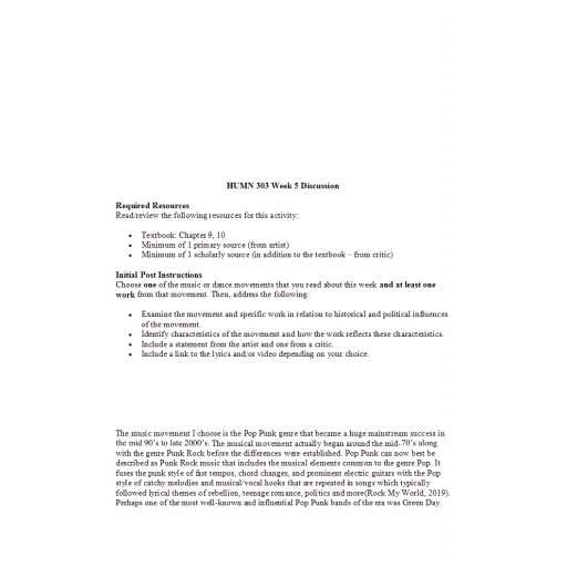 HUMN 303 Week 5 Discussion Question 1