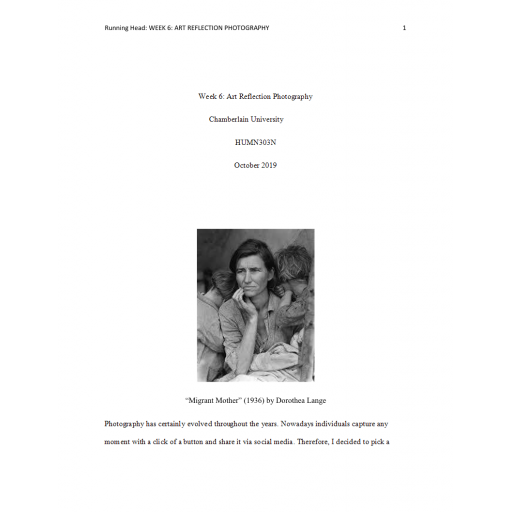 HUMN 303 Week 6 Assignment, Art Reflection Photography - Migrant Mother