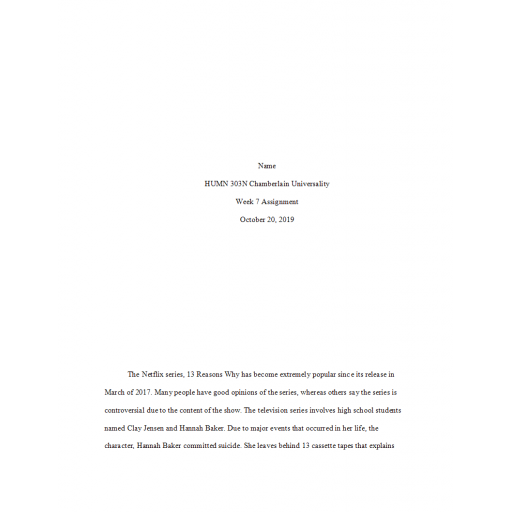 HUMN 303 Week 7 Assignment, What is Art - 13 Reasons Why Netflix Series