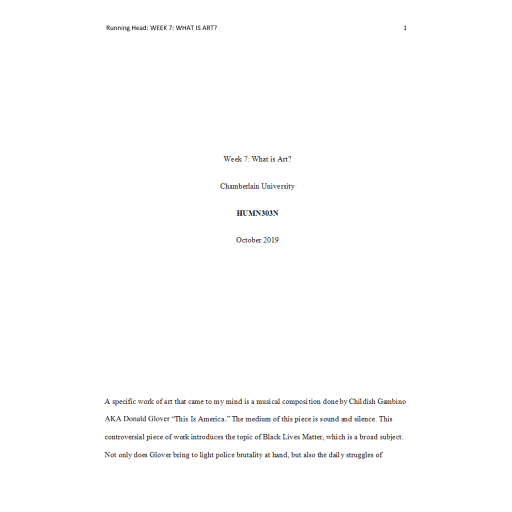 HUMN 303 Week 7 Assignment, What is Art - This is America
