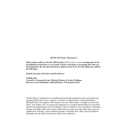 HUMN 303 Week 7 Discussion Question 1