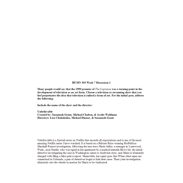 HUMN 303 Week 7 Discussion Question 1 HUMN 303 Week 7 Discussion Question 1