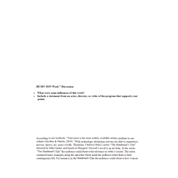 HUMN 303 Week 7 Discussion Question 2 with Answer HUMN 303 Week 7 Discussion Question 2 with Answer