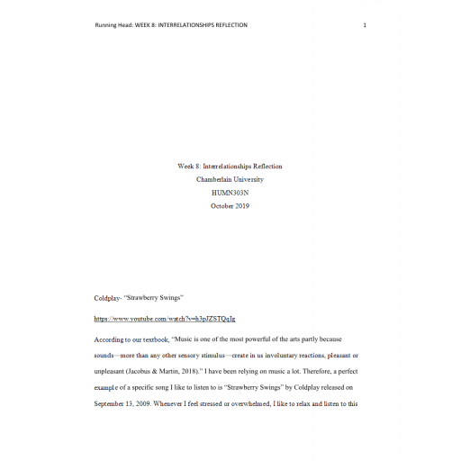 HUMN 303 Week 8 Interrelationships Reflection 1