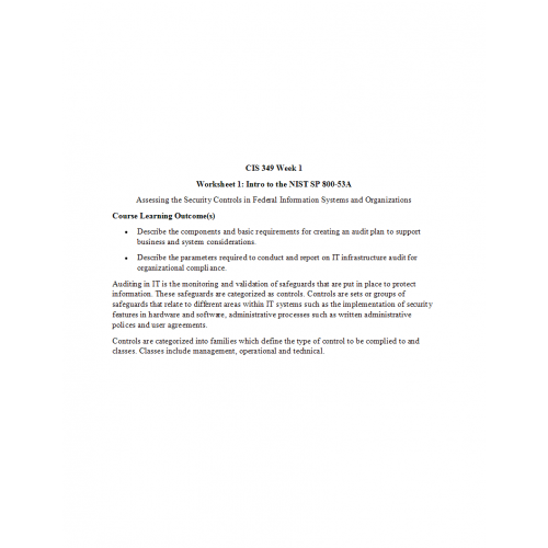 CIS 349 Week 1 Worksheet 1, Intro to the NIST SP 800-53A || Course Notes