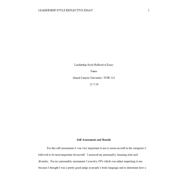NUR 514 Week 2 Assignment, Leadership Style Reflective Essay NUR 514 Week 2 Assignment, Leadership Style Reflective Essay