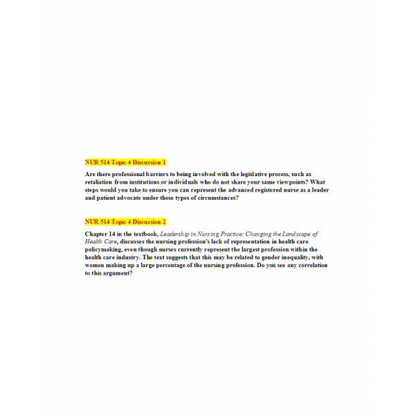 NUR 514 Week 4 Discussion 1 and 2 with Answers NUR 514 Week 4 Discussion 1 and 2 with Answers