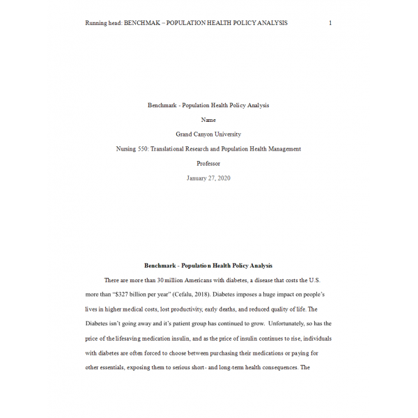 NUR 550 Topic 8 Benchmark - Population Health Policy Analysis 1