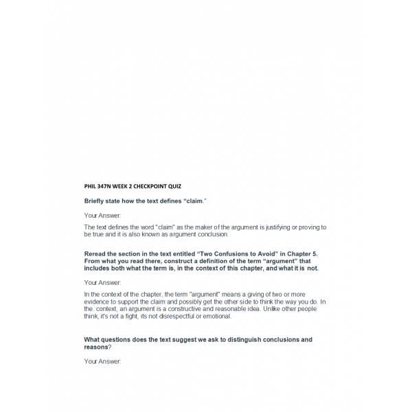 PHIL 347N Week 2 Checkpoint Quiz PHIL 347N Week 2 Checkpoint Quiz