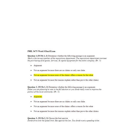 PHIL 347N Week 8 Final Exam