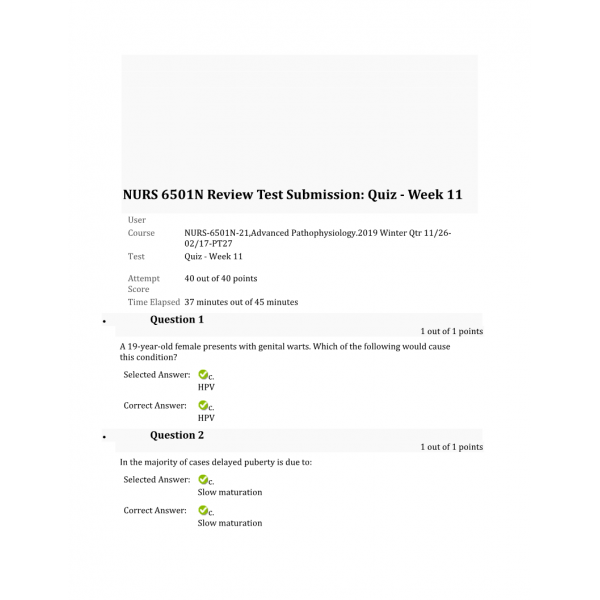 NURS 6501N Week 11 Quiz (40 out of 40) NURS 6501N Week 11 Quiz (40 out of 40)