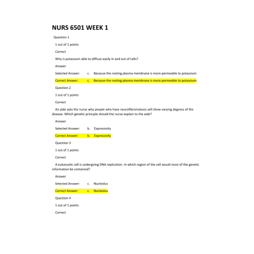 NURS 6501N Week 1 Quiz - ADVANCED PATHOLOGY