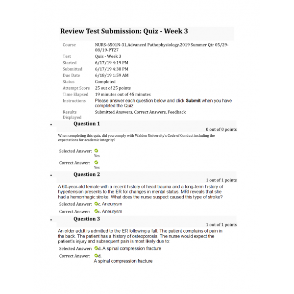NURS 6501N Week 3 Quiz 5 (Summer 2019 - 25 out of 25) NURS 6501N Week 3 Quiz 5 (Summer 2019 - 25 out of 25)