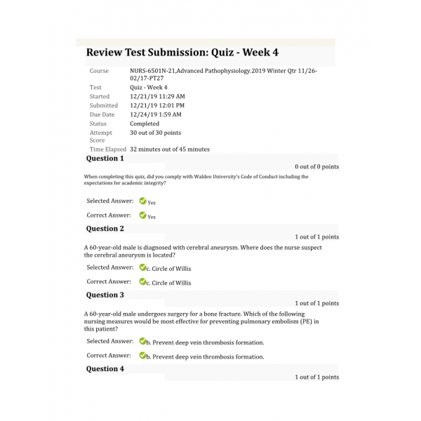 NURS 6501N Week 4 Quiz Patho (Winter 2019 - 30 out of 30) NURS 6501N Week 4 Quiz Patho (Winter 2019 - 30 out of 30)