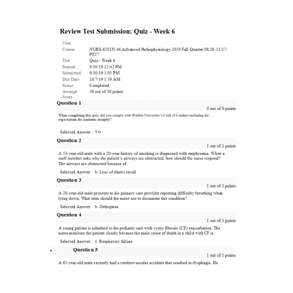 NURS 6501N Week 6 Quiz (30 out of 30) NURS 6501N Week 6 Quiz (30 out of 30)