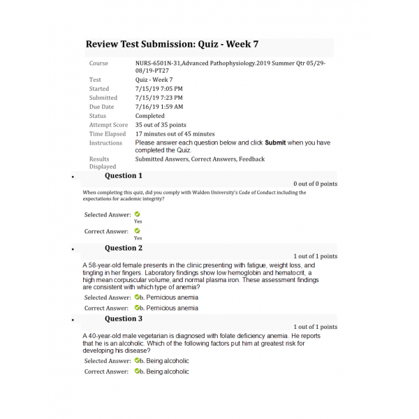 NURS 6501N Week 7 Quiz 6 (35 out of 35) NURS 6501N Week 7 Quiz 6 (35 out of 35)