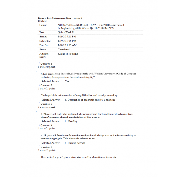 NURS 6501N Week 8 Quiz - NURS 6501D-NURS 6501C (32 out of 35) NURS 6501N Week 8 Quiz - NURS 6501D-NURS 6501C (32 out of 35)