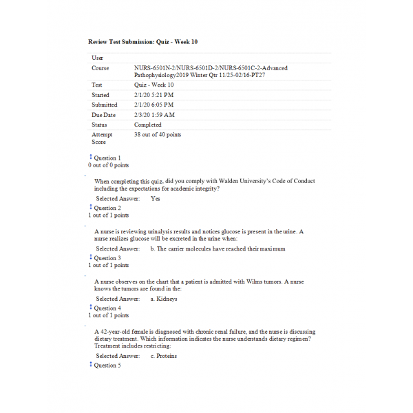 NURS 6501N Week 10 Quiz - NURS 6501D-NURS 6501C (38 out of 40) NURS 6501N Week 10 Quiz - NURS 6501D-NURS 6501C (38 out of 40)