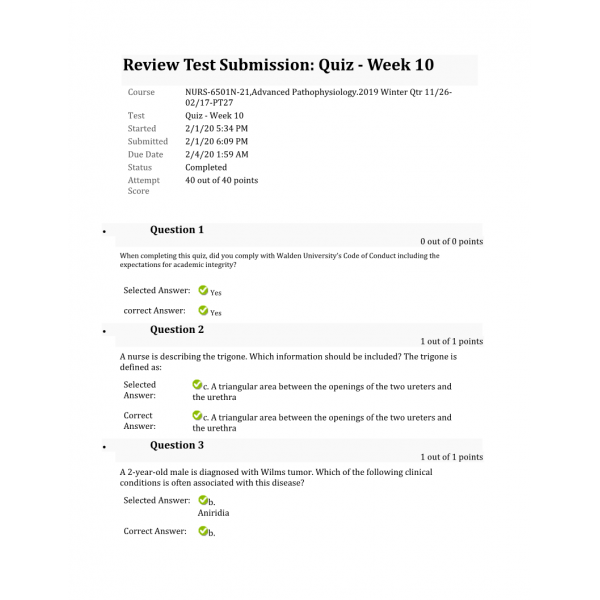 NURS 6501N Week 10 Quiz 3 Pathophysiology (40 out of 40) NURS 6501N Week 10 Quiz 3 Pathophysiology (40 out of 40)