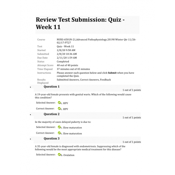 NURS 6501N Week 11 Quiz 2 (40 out of 40) NURS 6501N Week 11 Quiz 2 (40 out of 40)