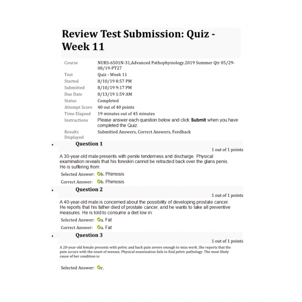 NURS 6501N Week 11 Quiz 4 (40 out of 40) NURS 6501N Week 11 Quiz 4 (40 out of 40)