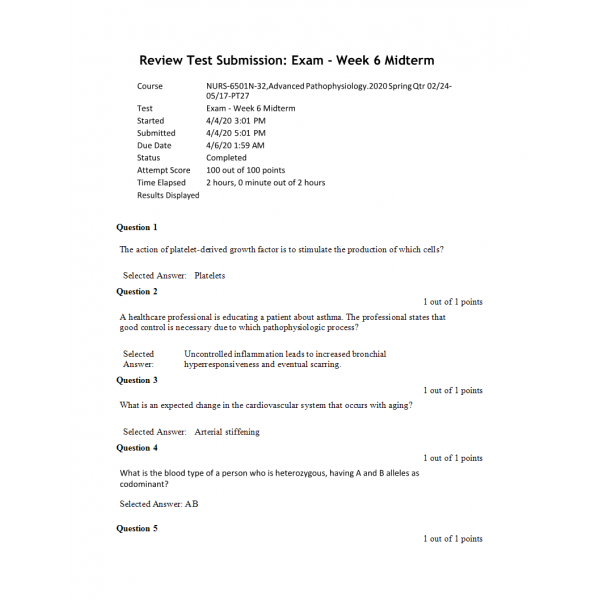 NURS 6501N Midterm Exam 3 - Question and Answers (100 out of 100) NURS 6501N Midterm Exam 3 - Question and Answers (100 out of 100)