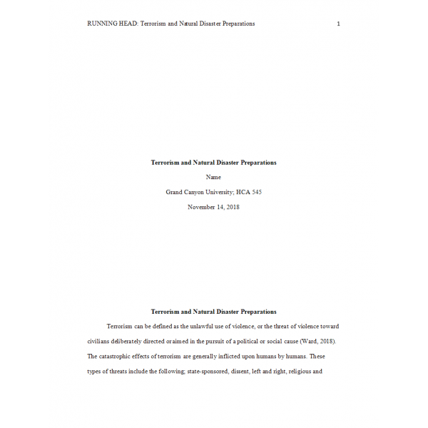 HCA 545 Week 3 Assignment, Terrorism and Natural Disaster Preparations