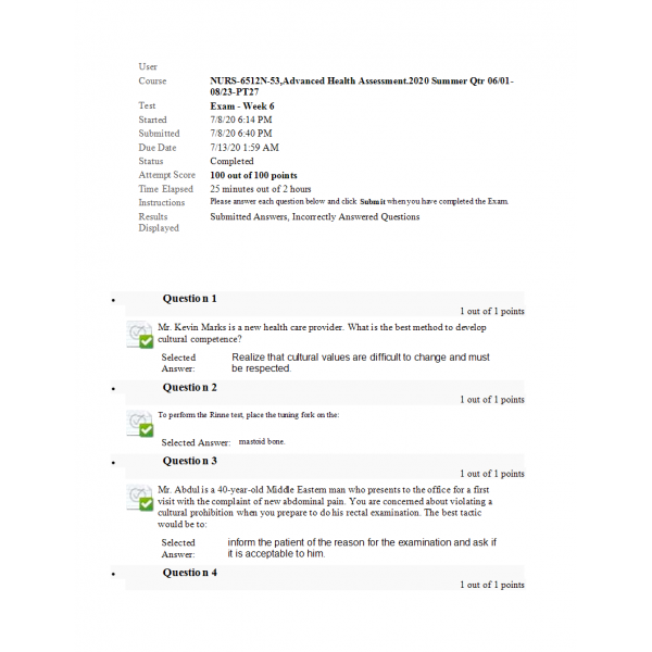 NURS 6512N Midterm Exam 4 (100 out of 100)