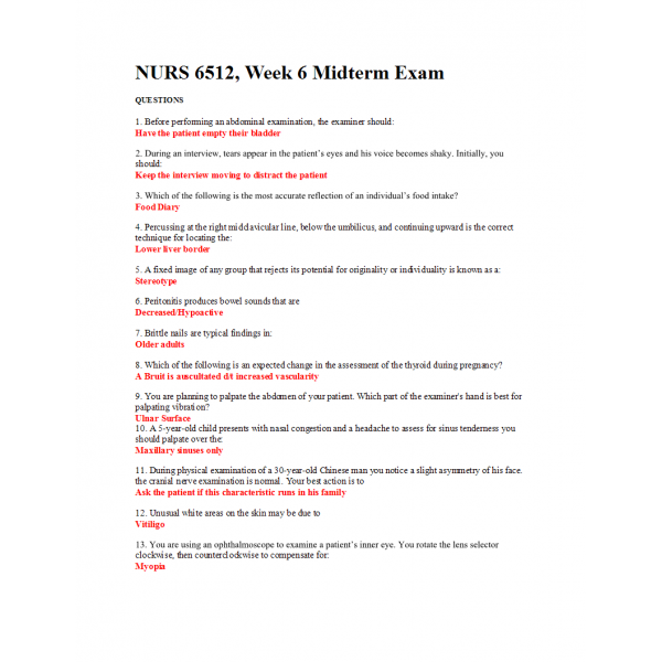 NURS 6512N Midterm Exam 13 - Question and Answers