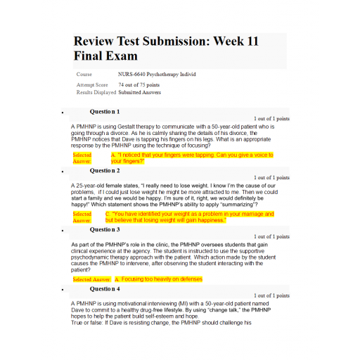 NURS 6640 Final Exam 6 - Question and Answers (74 out of 75)
