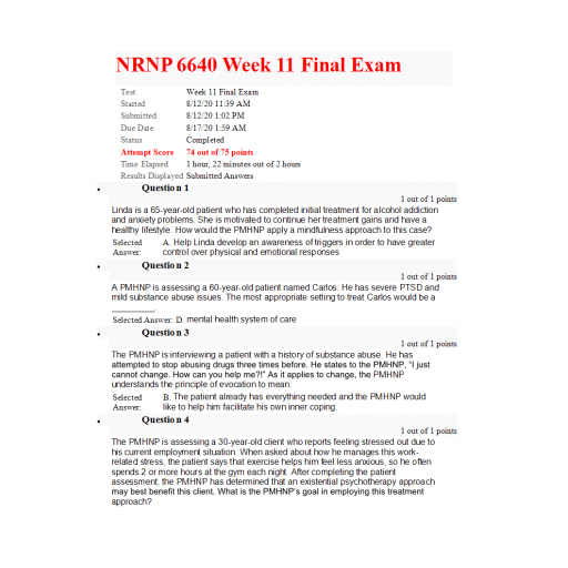 NRNP 6640 Final Exam 2 Question and Answers (August 2020 - 74 out of 75)