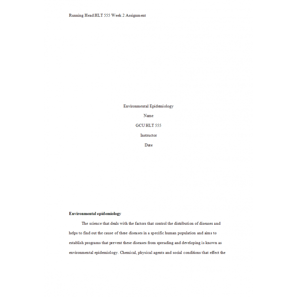 HLT 555 Week 2 Assignment, Environmental Epidemiology HLT 555 Week 2 Assignment, Environmental Epidemiology