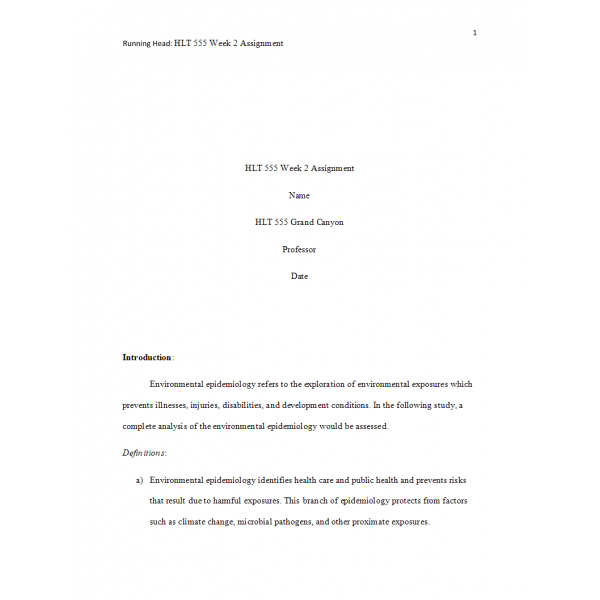 HLT 555 Week 2 Assignment, Environmental Epidemiology Assessment 1 HLT 555 Week 2 Assignment, Environmental Epidemiology Assessment 1