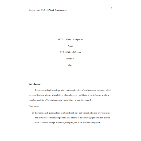 HLT 555 Week 2 Assignment, Environmental Epidemiology Assessment 1