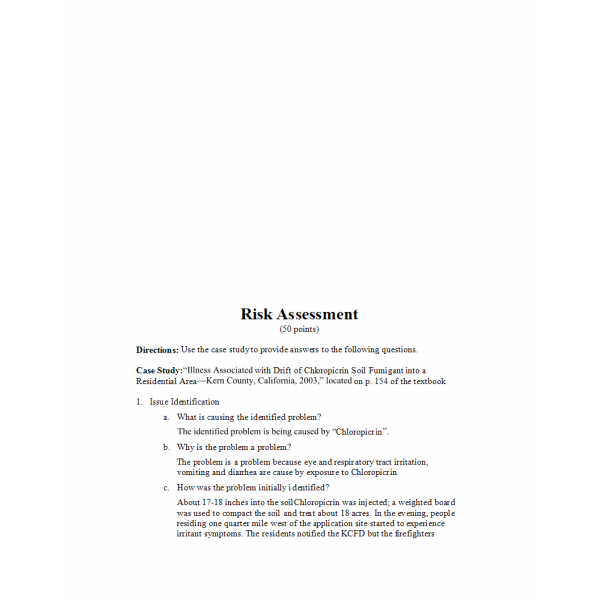 HLT 555 Week 3 Assignment, Risk Assessment 1 HLT 555 Week 3 Assignment, Risk Assessment 1